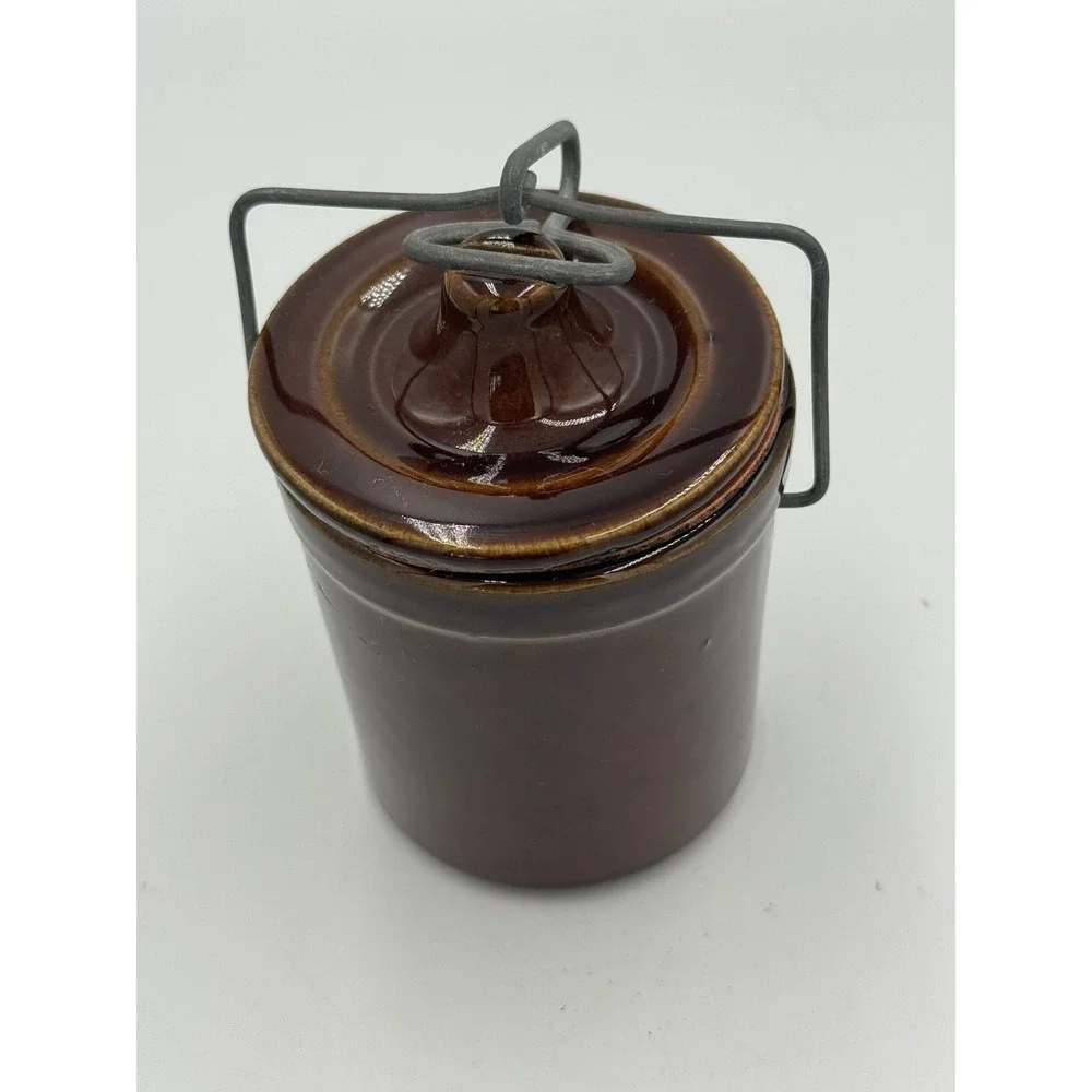 Vintage Brown Stoneware Canister Crock Wire Bail Lid Rustic Kitchen Storage